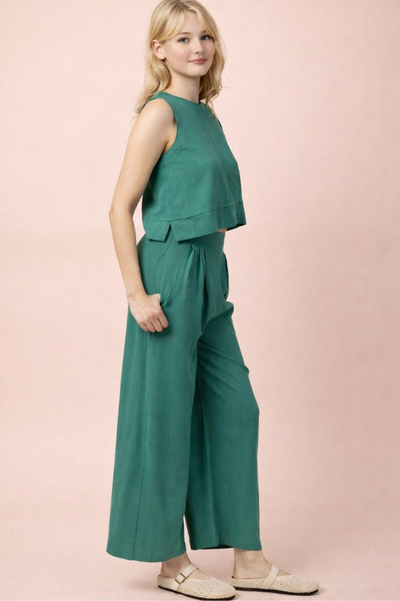 Solid Linen Blend Wide Leg Pants