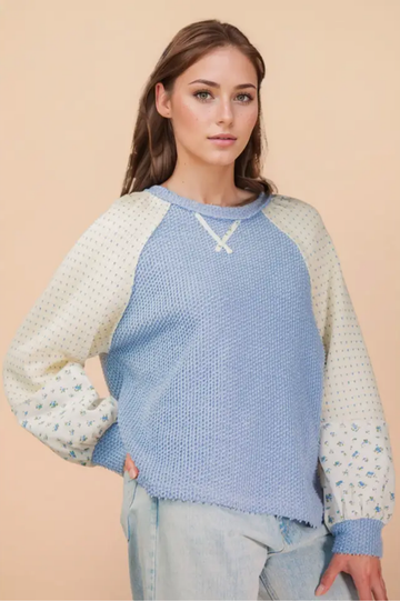 Floral Raglan Sleeve Textured Knit Top