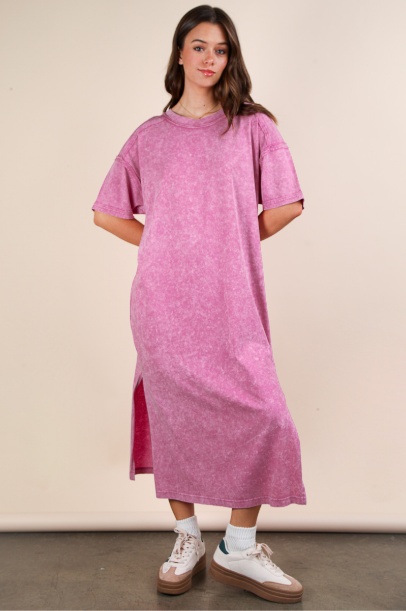 Mineral Washed Casual Comfy Midi Dress