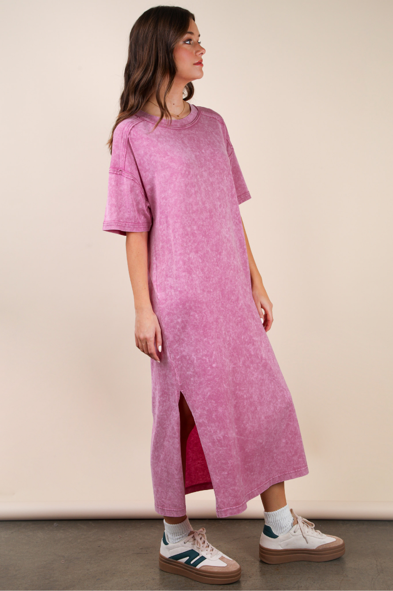 Mineral Washed Casual Comfy Midi Dress