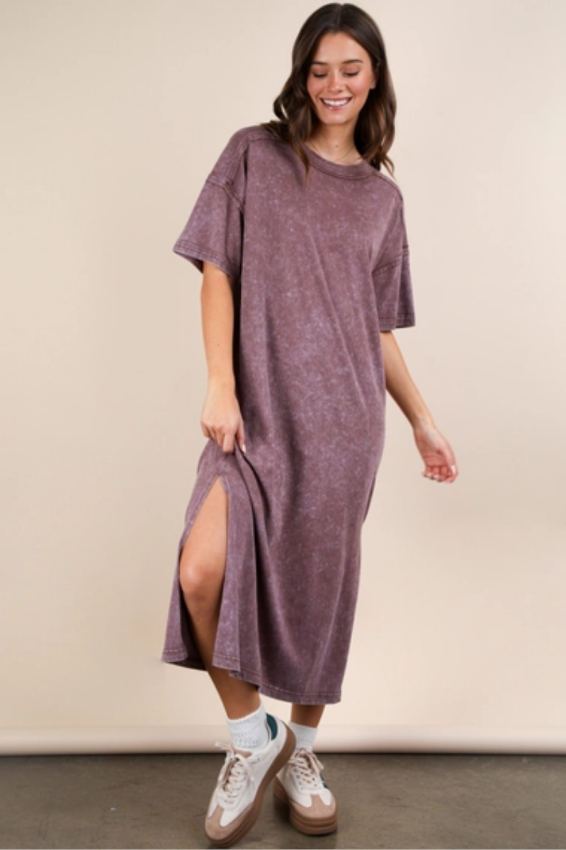 Mineral Washed Casual Comfy Midi Dress