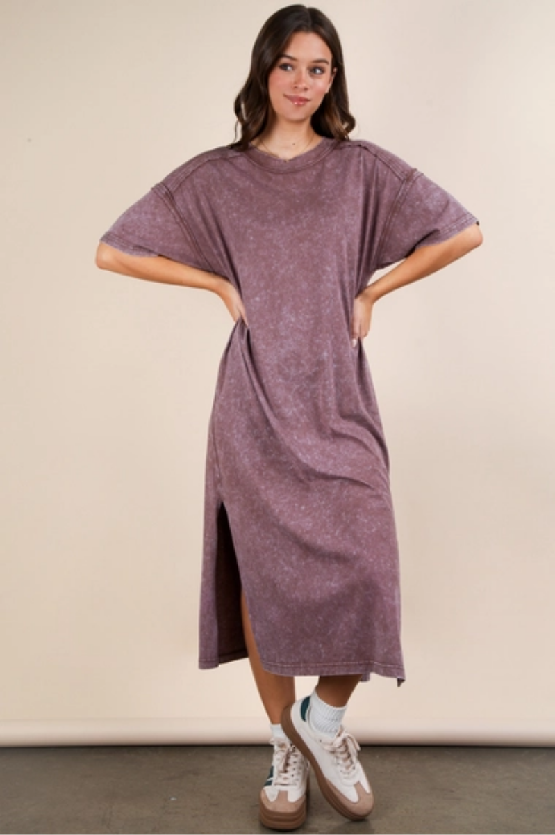 Mineral Washed Casual Comfy Midi Dress