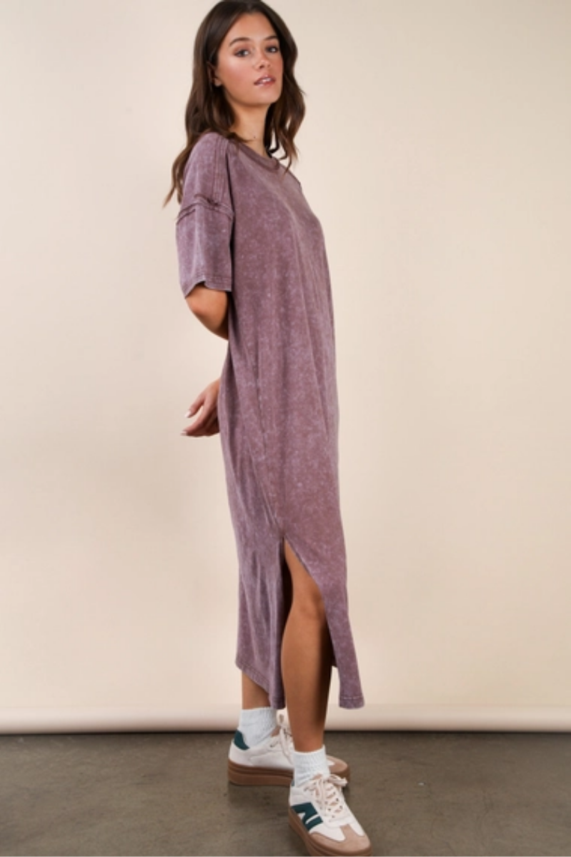 Mineral Washed Casual Comfy Midi Dress