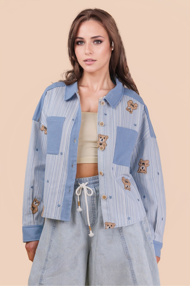 Oversized Teddy Bear Patch Shacket Jacket | Final Sale