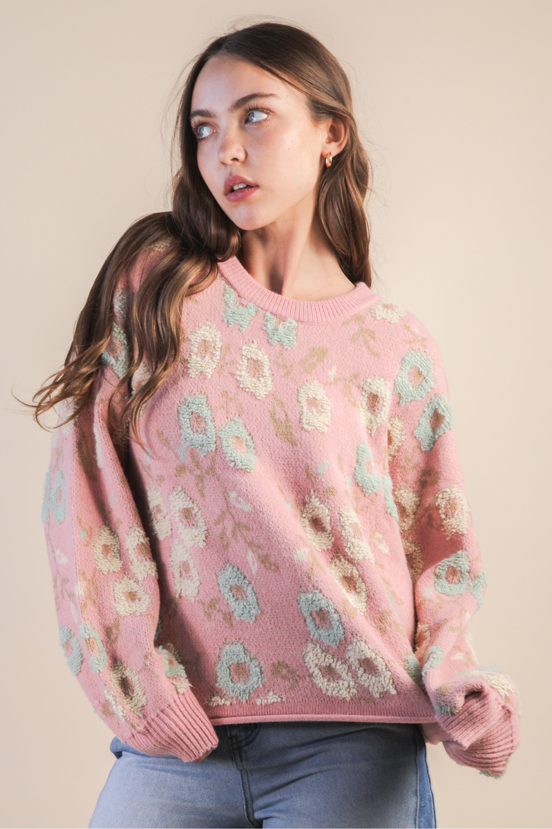 Floral Textured Printed Knit Sweater Top