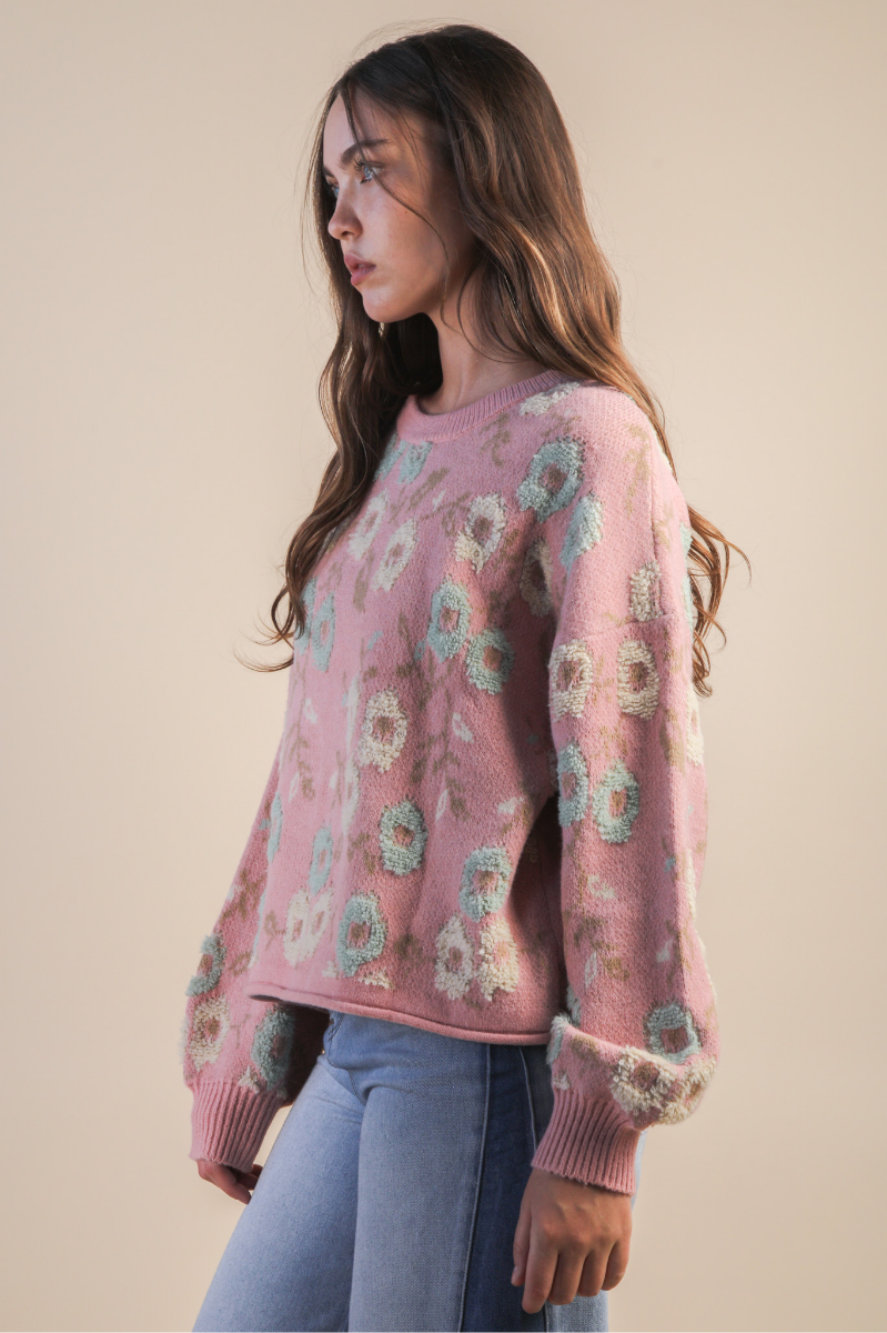 Floral Textured Printed Knit Sweater Top