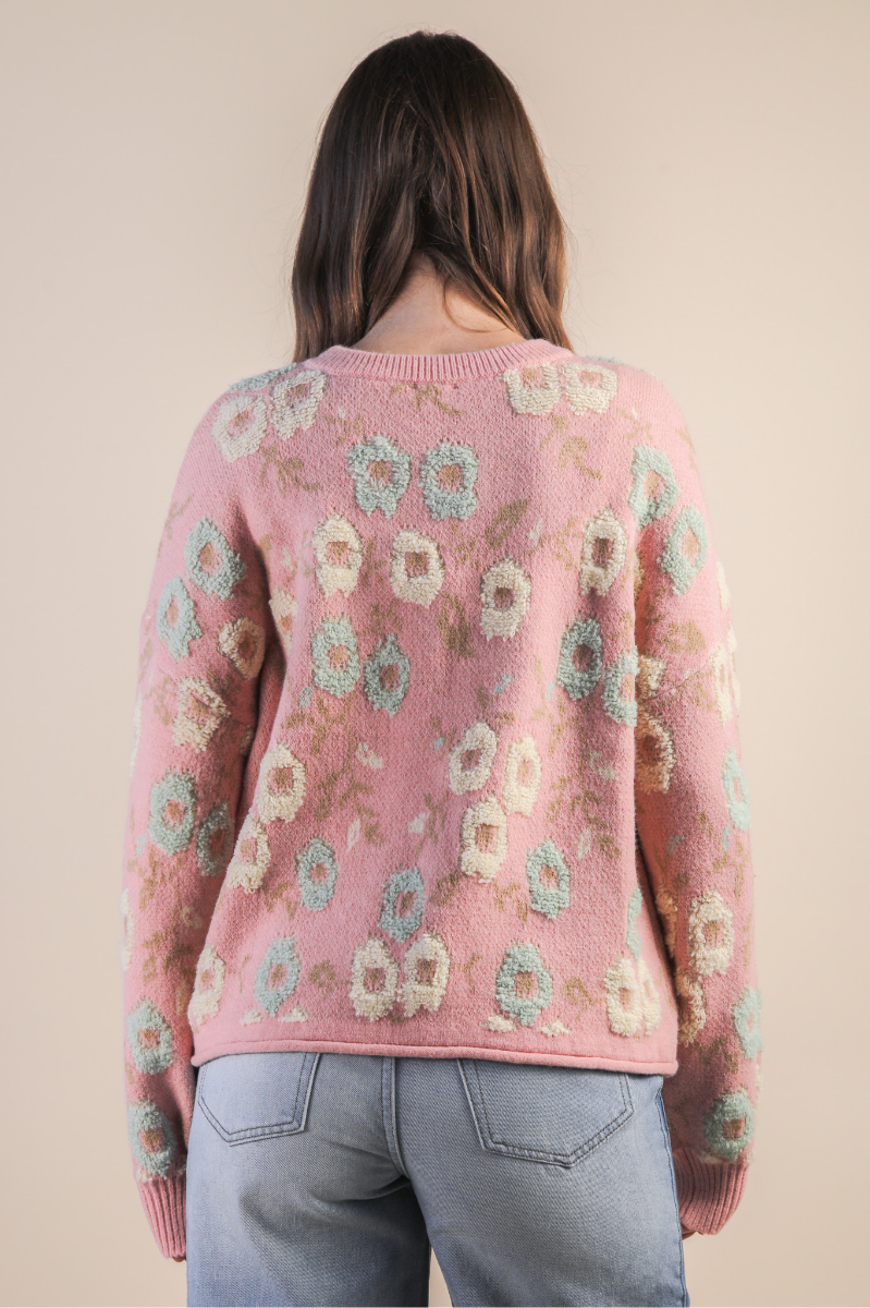 Floral Textured Printed Knit Sweater Top