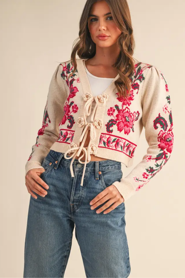 Floral Knit Tie-Front Cropped Sweater Cardigan