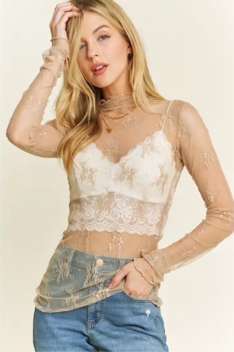 Floral + Lace Long Sleeve Mesh Top