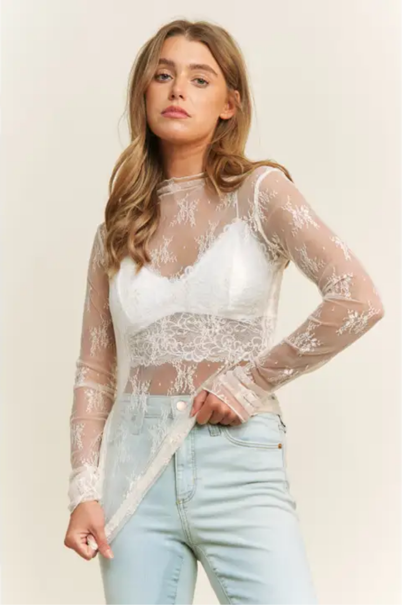 Floral + Lace Long Sleeve Mesh Top
