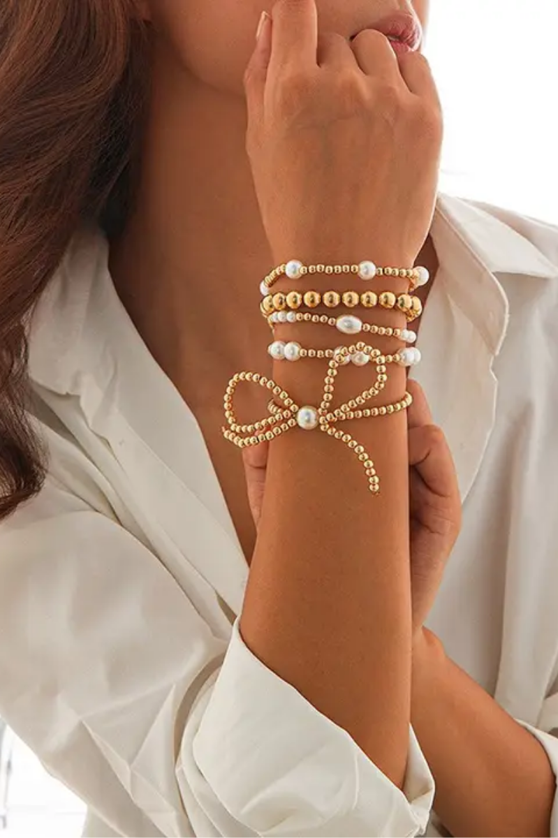 Multi Layer Ball Chain Bead Pearl Bow Bracelet