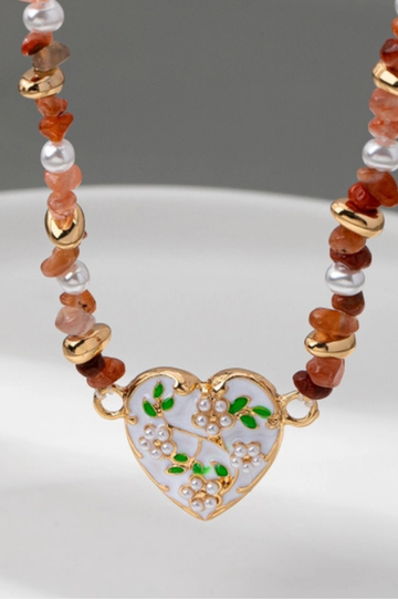 Beaded Stone Chain Floral Pearl Heart Charm