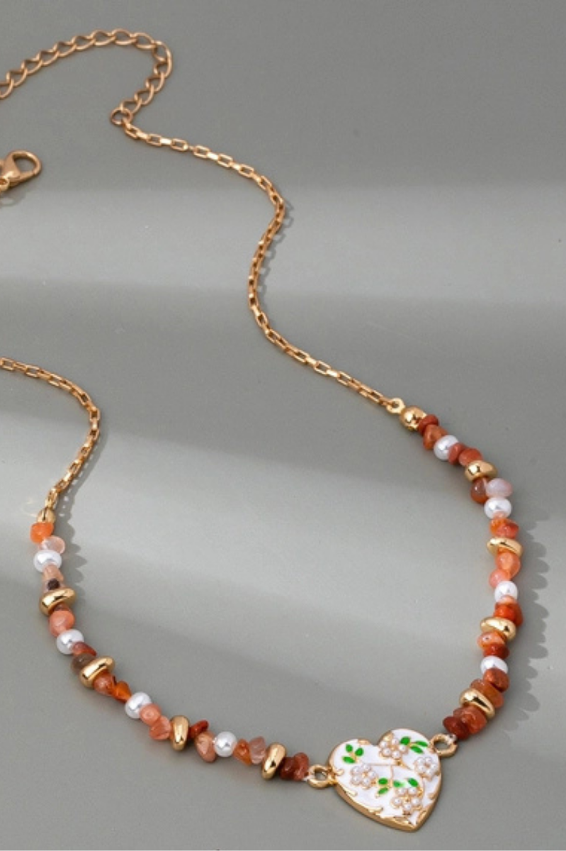 Beaded Stone Chain Floral Pearl Heart Charm