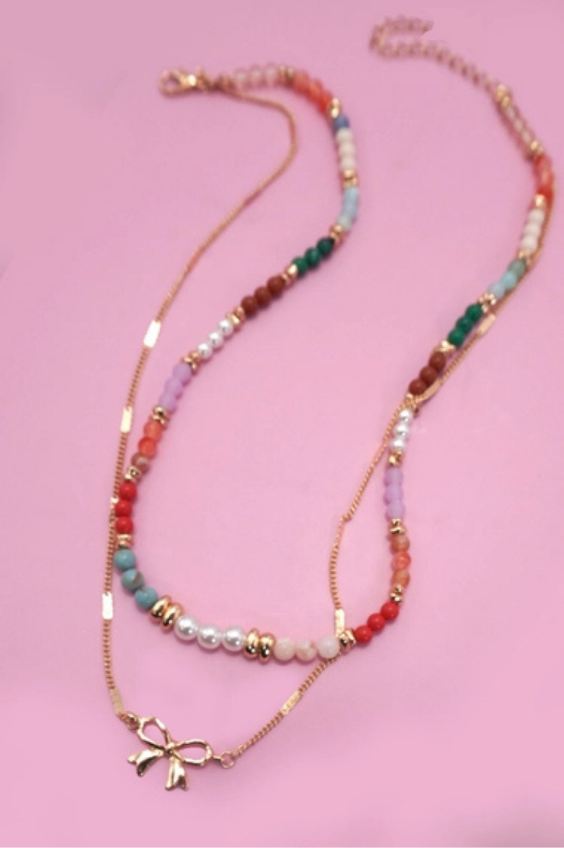 Multi Beaded Bow Charm Double Layer Necklace