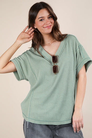 Soft Two Tone Casual Comfy Ribbed Knit Top
