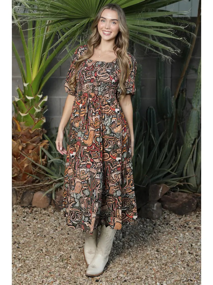 Cactus Candy 1/4 Sleeve Midi Dress