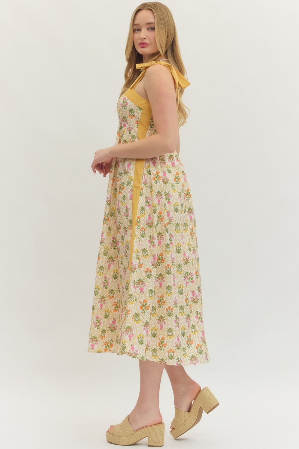Botanical Print Tie Strap Midi Dress