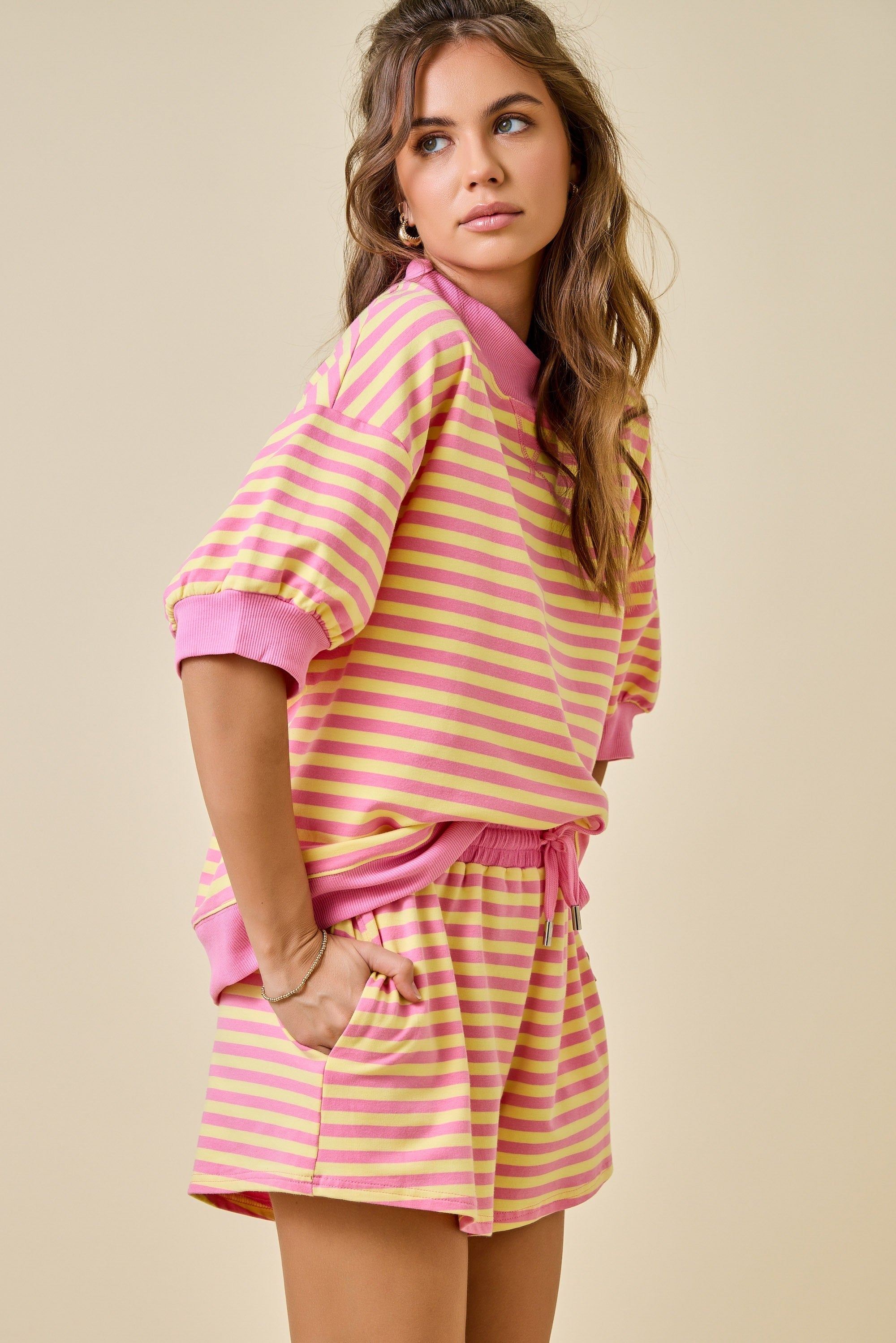Mock Neck Striped Lounge Sweatshirt w/ 3/4 Sleeves