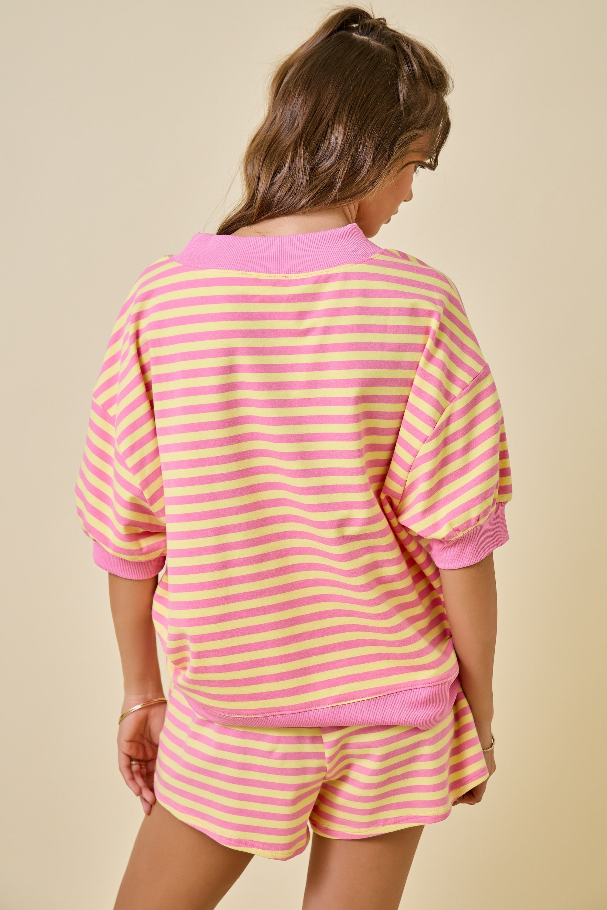 Mock Neck Striped Lounge Sweatshirt w/ 3/4 Sleeves