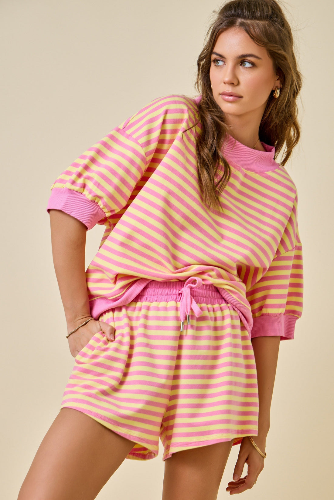 Mock Neck Striped Lounge Sweatshirt w/ 3/4 Sleeves