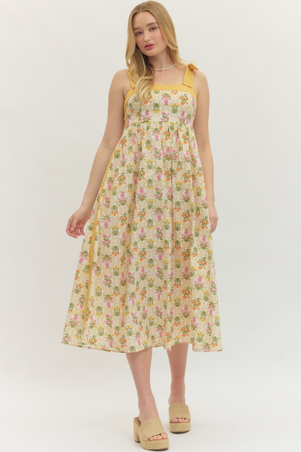 Botanical Print Tie Strap Midi Dress