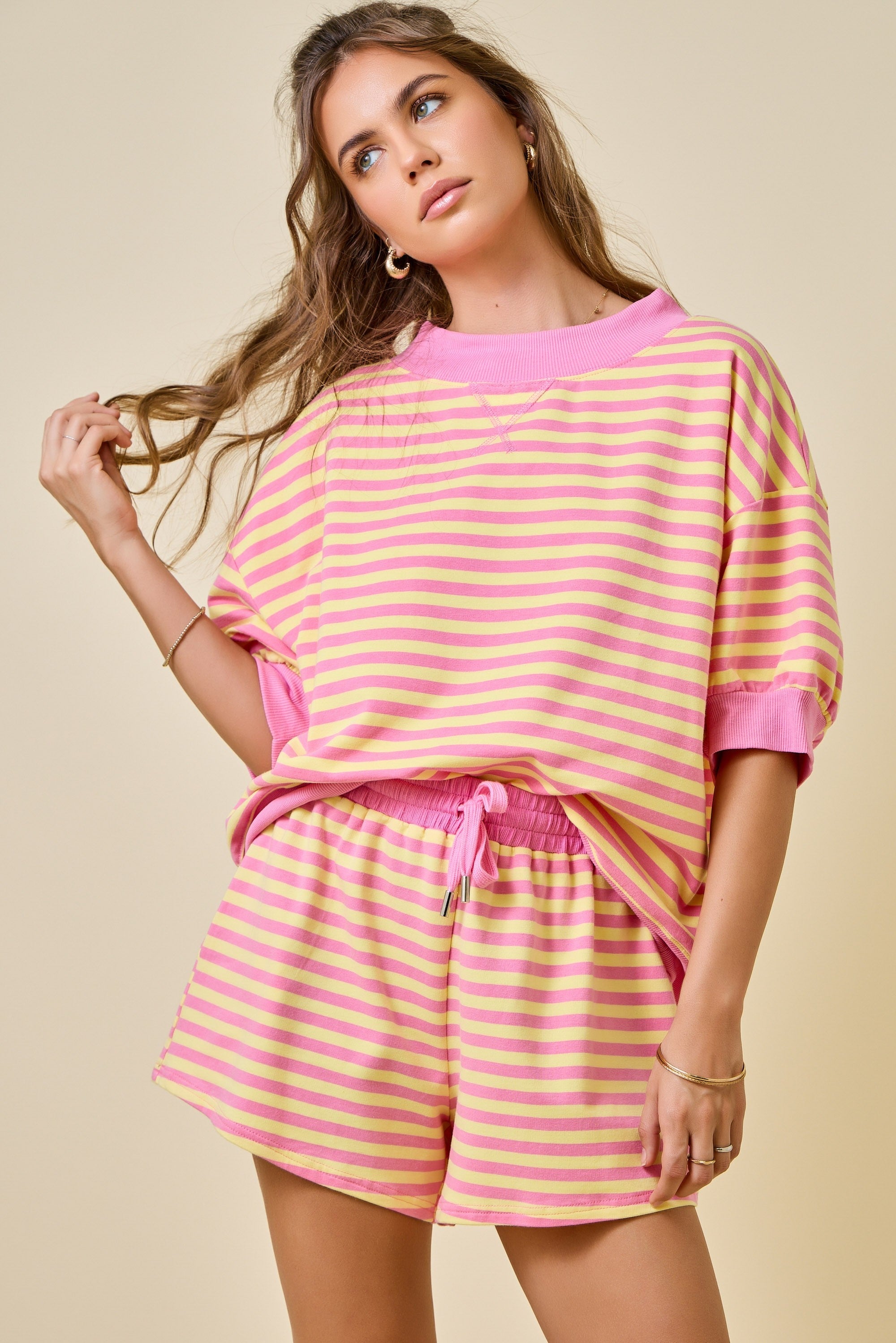 Mock Neck Striped Lounge Sweatshirt w/ 3/4 Sleeves