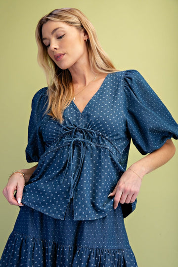 Tie Front Polka Dots Washed Denim Top